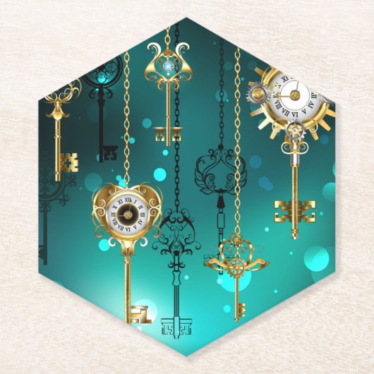 Antiek Skeleton Keys op groene achtergrond Kartonnen Onderzetters (Voorkant)