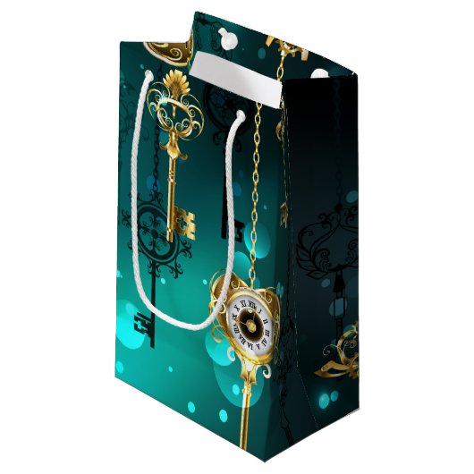 Antiek Skeleton Keys op groene achtergrond Klein Cadeauzakje (Voorkant Gekanteld)