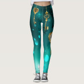 Antiek Skeleton Keys op groene achtergrond Leggings (Voorkant)