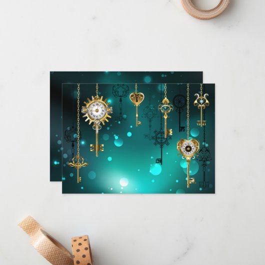 Antiek Skeleton Keys op groene achtergrond Notitiekaartje (Voorkant / Achterkant in situ)