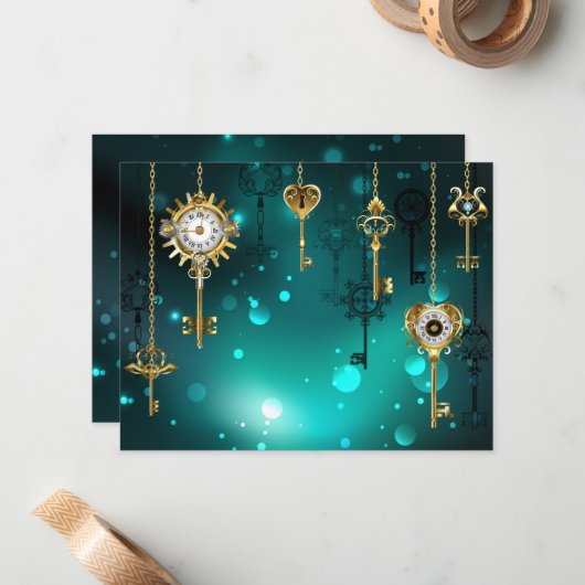 Antiek Skeleton Keys op groene achtergrond Notitiekaartje (Voorkant / Achterkant in situ)