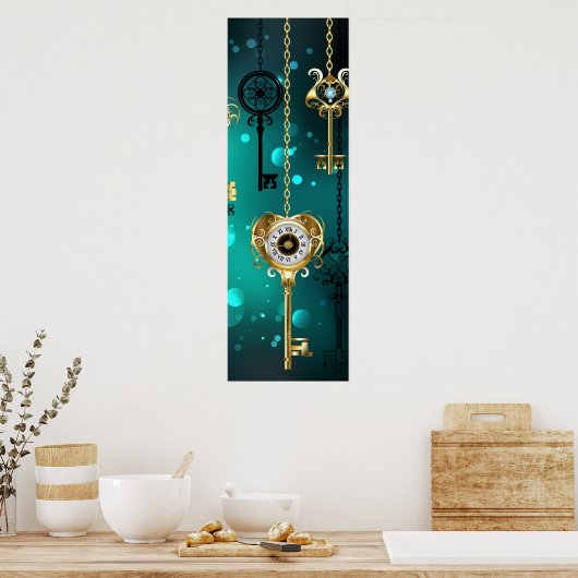 Antiek Skeleton Keys op groene achtergrond Poster (Keuken)