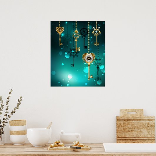 Antiek Skeleton Keys op groene achtergrond Poster (Keuken)