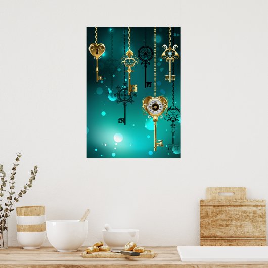 Antiek Skeleton Keys op groene achtergrond Poster (Keuken)
