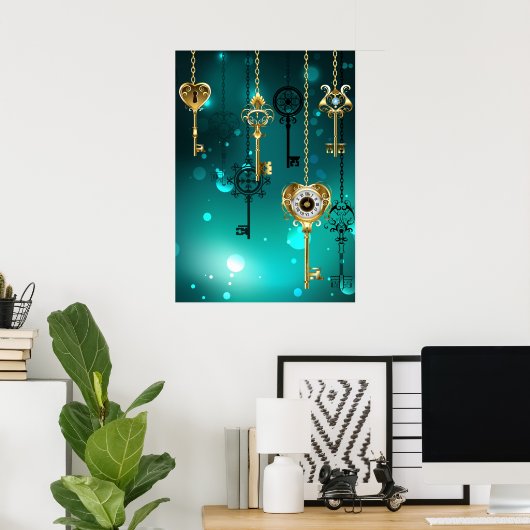 Antiek Skeleton Keys op groene achtergrond Poster (Thuiskantoor)