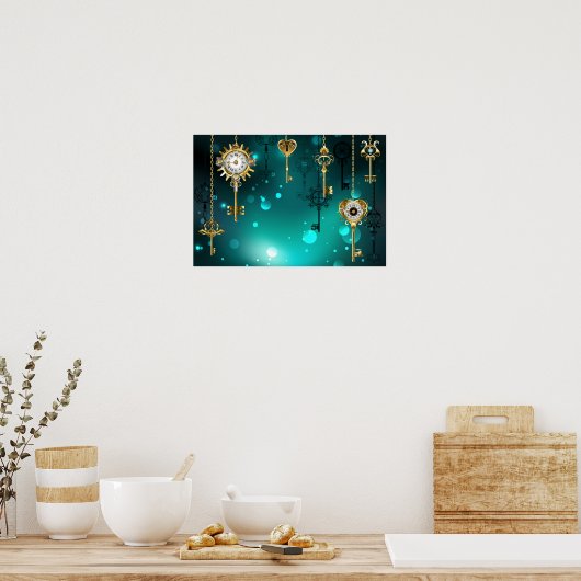 Antiek Skeleton Keys op groene achtergrond Poster (Keuken)