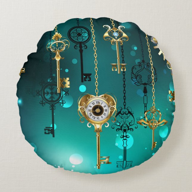 Antiek Skeleton Keys op groene achtergrond Rond Kussen (Voorkant)