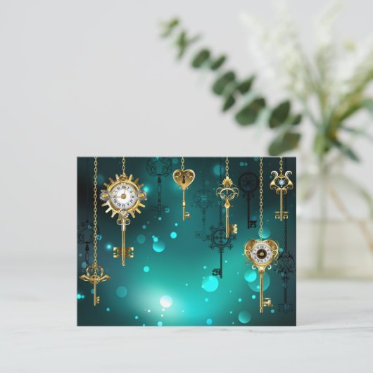 Antiek Skeleton Keys op groene achtergrond RSVP Kaartje (Staand voorkant)