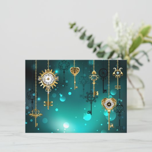 Antiek Skeleton Keys op groene achtergrond Save The Date (Staand voorkant)