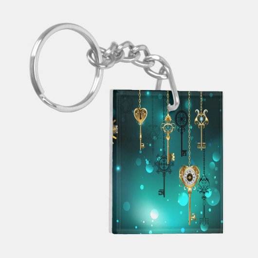 Antiek Skeleton Keys op groene achtergrond Sleutelhanger (Voorkant Links)