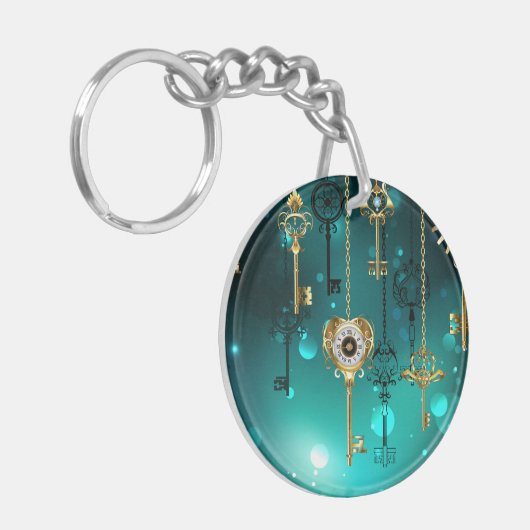 Antiek Skeleton Keys op groene achtergrond Sleutelhanger (Voorkant Links)