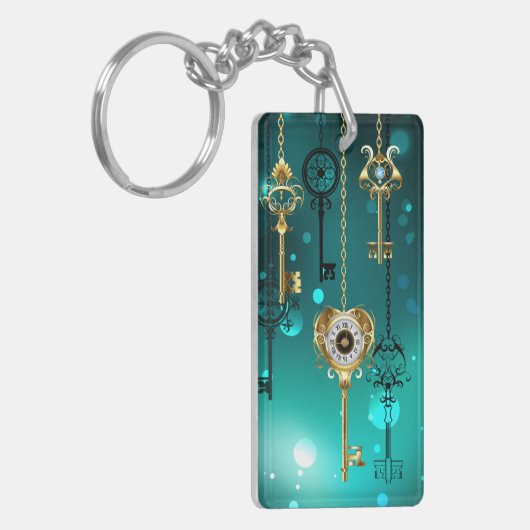 Antiek Skeleton Keys op groene achtergrond Sleutelhanger (Voorkant Links)