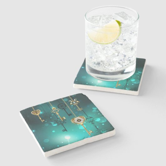 Antiek Skeleton Keys op groene achtergrond Stenen Onderzetter (Zijkant)