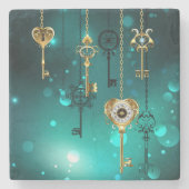 Antiek Skeleton Keys op groene achtergrond Stenen Onderzetter (Voorkant)