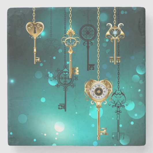 Antiek Skeleton Keys op groene achtergrond Stenen Onderzetter (Voorkant)