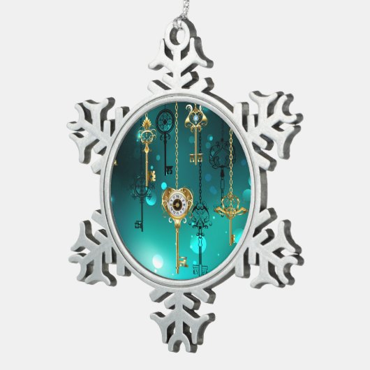 Antiek Skeleton Keys op groene achtergrond Tin Sneeuwvlok Ornament (Rechts)