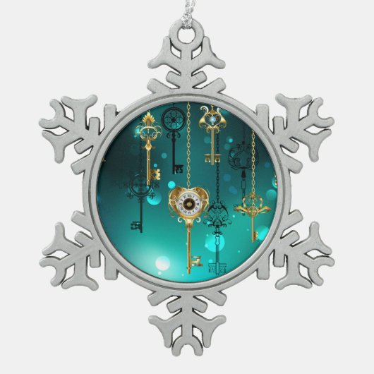 Antiek Skeleton Keys op groene achtergrond Tin Sneeuwvlok Ornament (Voorkant)