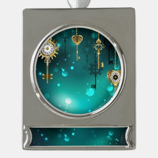 Antiek Skeleton Keys op groene achtergrond Verzilverd Banner Ornament (Voorkant)