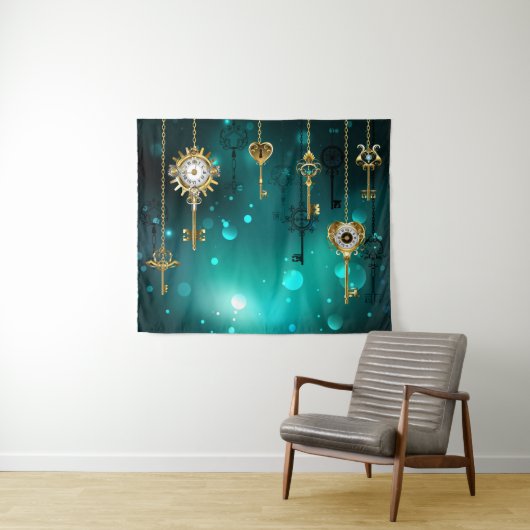 Antiek Skeleton Keys op groene achtergrond Wandkleed (In Situ (horizontaal))