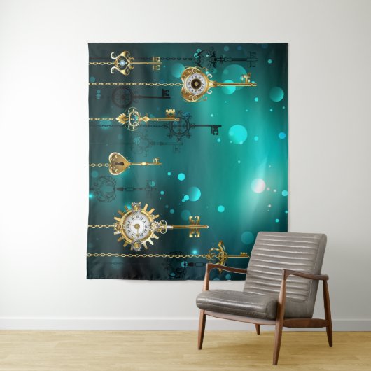 Antiek Skeleton Keys op groene achtergrond Wandkleed (In situ)