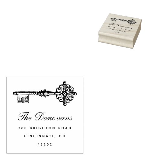 Antiek sleutel gepersonaliseerde retour adres stem rubberstempel (Gestempeld)