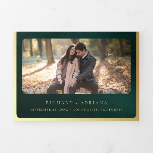 Antiek Smaragd Groen Goud Scroll Middeleeuwse Brui Drieluik Uitnodiging (Cover)