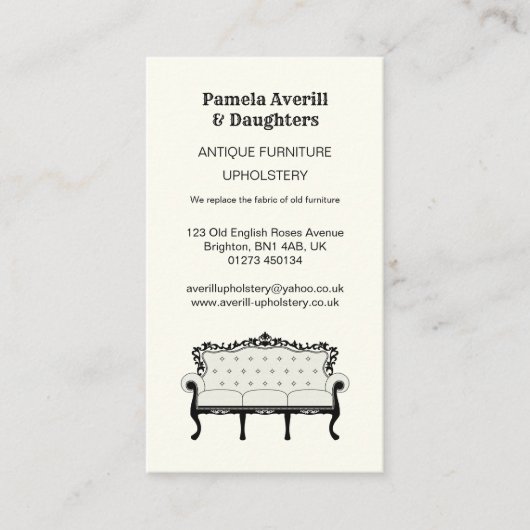 Antiek Sofa, opwinding Visitekaartje (Voorkant)