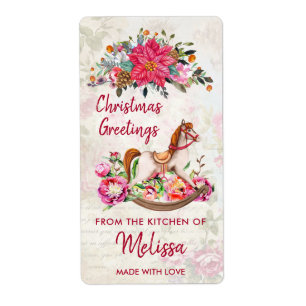 Antiek Speelgoed paard en Poinsettia kerstkeuken Etiket