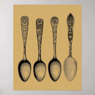 Antiek spoon Silverware-illustraties Poster