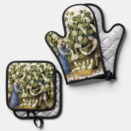 ANTIEK SQUASH HARVEST Medieval Miniature Cutting Ovenwant & Pannenlap Set (Voorkant / Achterkant)