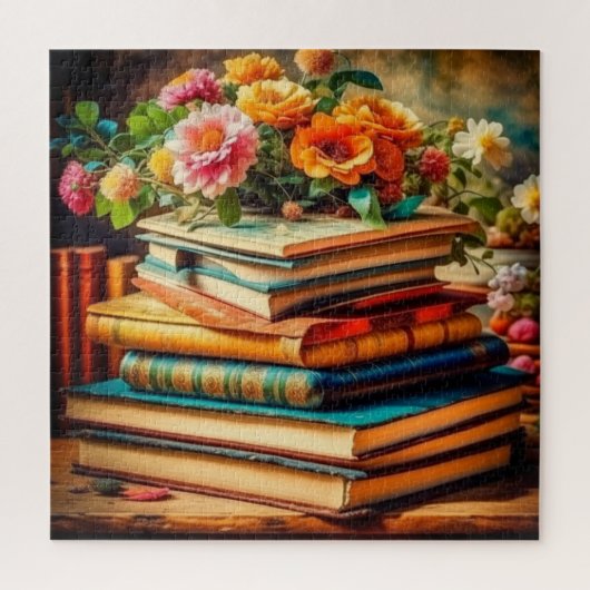 Antiek stapel  boeken en bloemen legpuzzel (Verticaal)