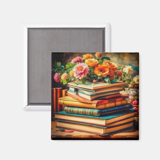 Antiek stapel  boeken en bloemen magneet (Voorkant / Achterkant)
