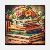 Antiek stapel  boeken en bloemen magneet (Voorkant)