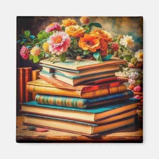 Antiek stapel  boeken en bloemen magneet (Voorkant)