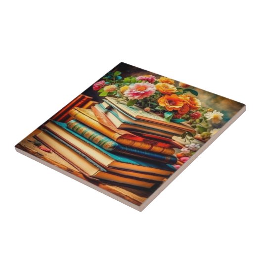 Antiek stapel  boeken en bloemen tegeltje (Zijkant)