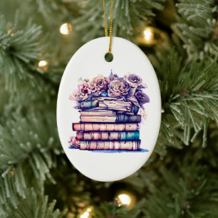 Antiek stapel boeken en Rozen Keramisch Ornament