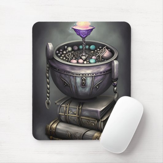 Antiek Steampunk Cauldron op Stack of Spell Books Muismat (Met muis)