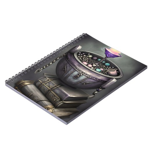 Antiek Steampunk Cauldron op Stack of Spell Books Notitieboek (Linkerzijde)
