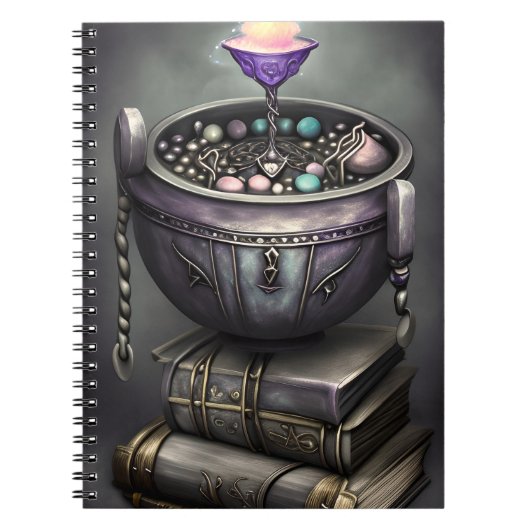 Antiek Steampunk Cauldron op Stack of Spell Books Notitieboek (Voorkant)