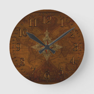 Antiek Steampunk Compass Roos & Oude Wereldkaart Ronde Klok
