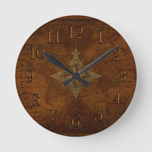 Antiek Steampunk Compass Roos & Oude Wereldkaart Ronde Klok (Voorkant)