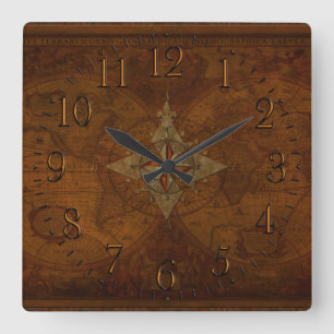 Antiek Steampunk Compass Roos & Oude Wereldkaart Vierkante Klok