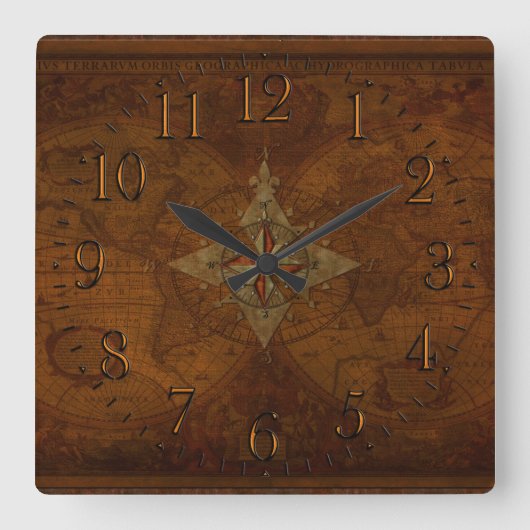 Antiek Steampunk Compass Roos & Oude Wereldkaart Vierkante Klok (Voorkant)
