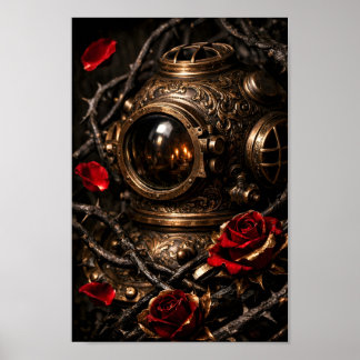 Antiek Steampunk Duikerhelm Rode Roos Gotische Kun Poster