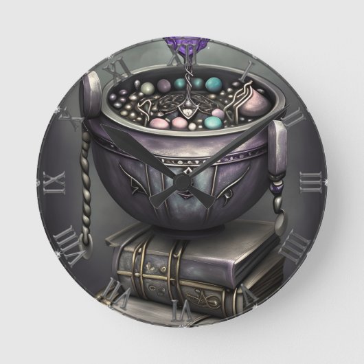 Antiek steampunk ketel | Stapel Spellbooks Ronde Klok (Voorkant)