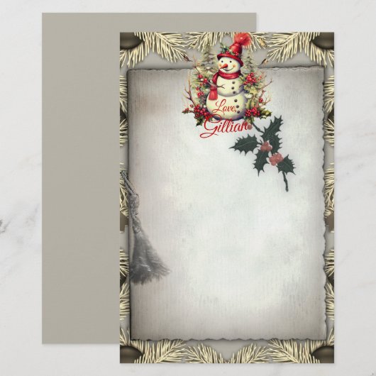 Antiek stijl sneeuwman kerstgrens briefpapier (Voorkant / Achterkant)