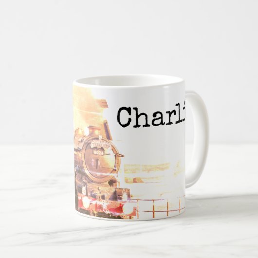 Antiek stijl,  stoomloco, met jouw naam. koffiemok (Voorkant rechts)