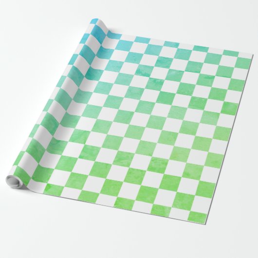 Antiek Stijl Wit Blauw en Groen Checkerboard Cadeaupapier (Uitgerold)