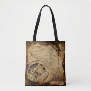 Antiek stijlkaart met groot kompas tote bag