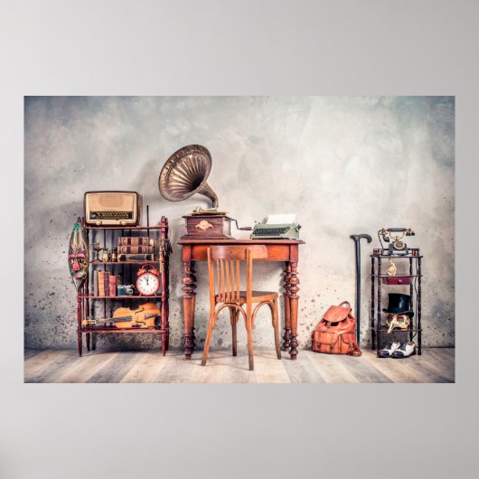 Antiek stoel, oude typemachine, retro radio, gramp poster (Voorkant)